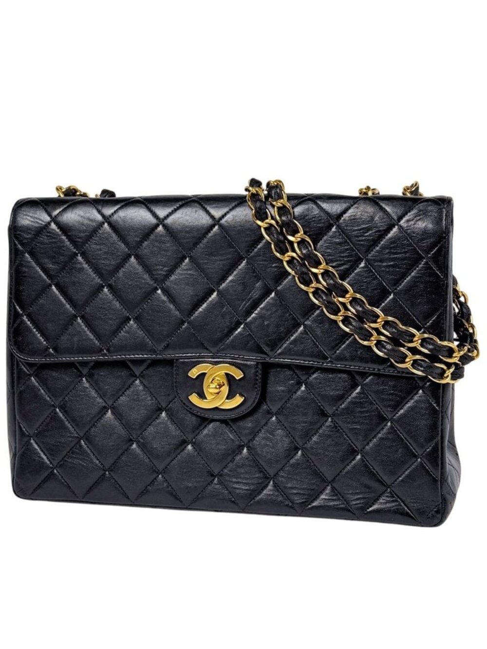 Chanel Big Quilted Single Flap Chain Shoulder Bag CC Logo Leather Black